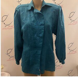 Suzelle. Sz 4 Vintage Teal Ramie Long Sleeve Blouse. Asymmetrical button Up. B39